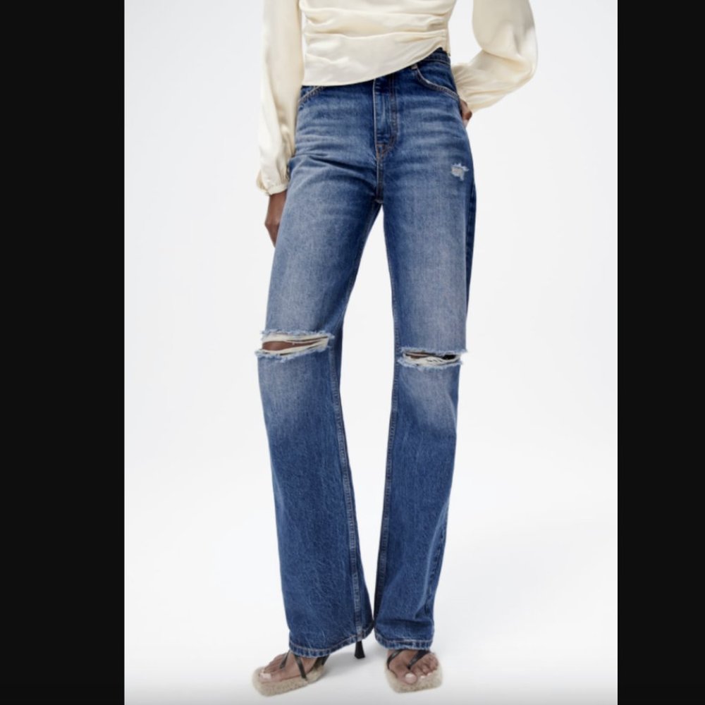 ZARA NEW WOMAN HIGH-WAISTED FULL LENGTH RIPPED JEANS BLUE Straight Leg 2 - 10